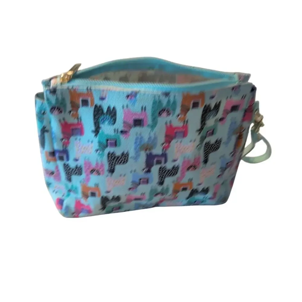 No Drama Llama Canvas Wristlet Light Teal Llama Print Dual Zipper Pouch